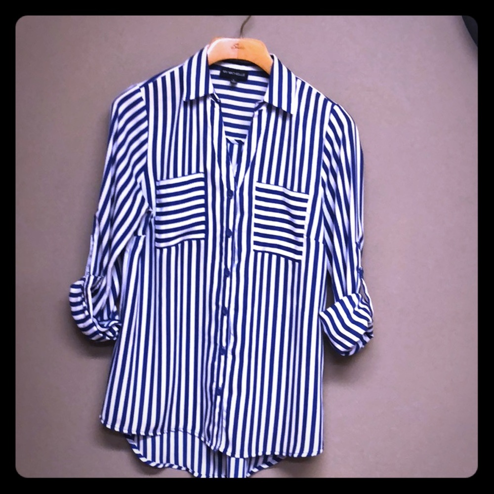 Royal blue and white pinstriped blouse